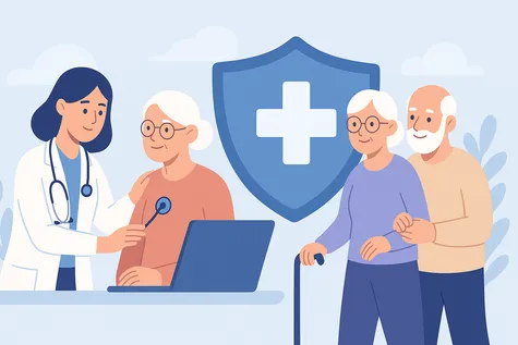 Pareja de mayores recibiendo atención médica con escudo de salud y fondo suave de protección.