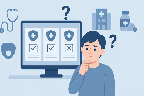 Persona eligiendo seguro de salud en línea entre distintas opciones médicas.