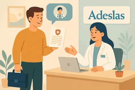 Cliente contratando un seguro de salud Adeslas en una oficina con asesoramiento profesional
