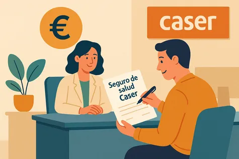 Cliente firmando un seguro de salud Caser con asesoramiento personalizado en una oficina comercial