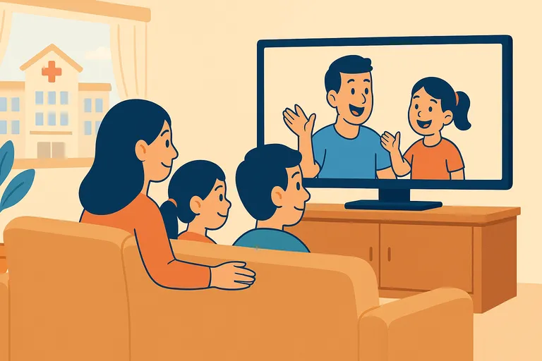 Familia con dos hijos en casa protegida por escudo médico, en ambiente cálido y acogedor.