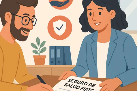 Hombre firmando contrato de seguro de salud FIATC junto a una asesora en una oficina moderna