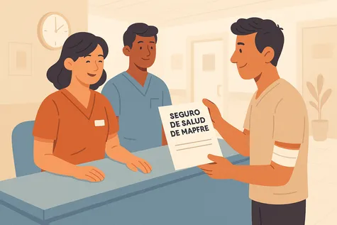 Joven enseña su póliza de seguro de salud de Mapfre a dos profesionales sanitarios en el mostrador de un hospital.