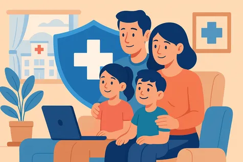 Familia con dos hijos en casa protegida por escudo médico, en ambiente cálido y acogedor.