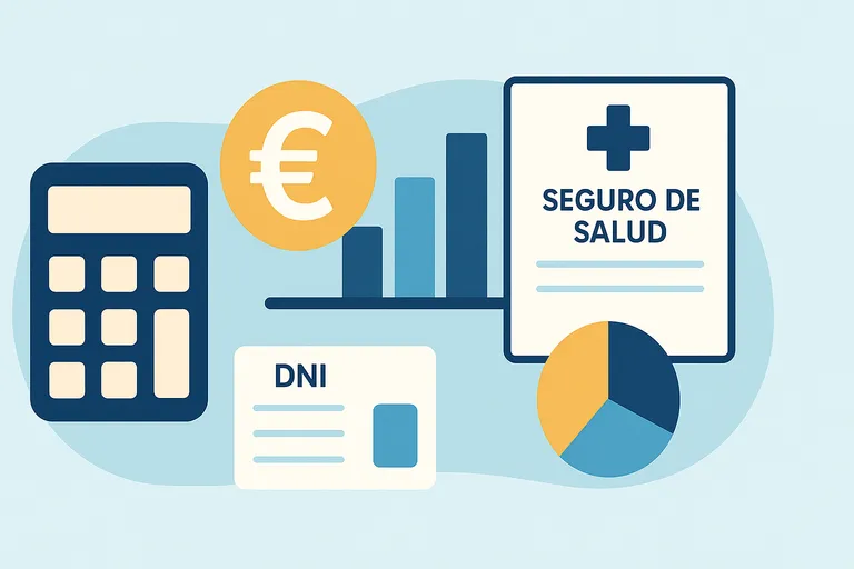 Calculadora, símbolo de euro, gráficos de precios y documento de seguro en fondo azul limpio.
