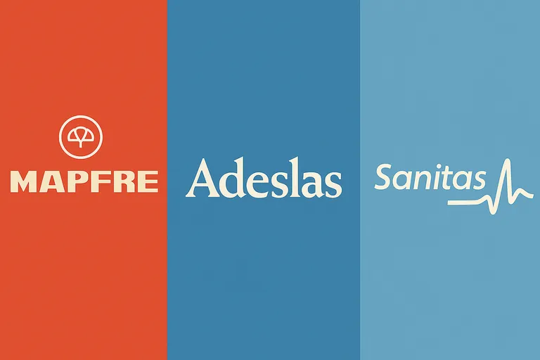 Comparativa de seguros de salud dividida en tres secciones verticales que representan a Mapfre, Sanitas y Adeslas.