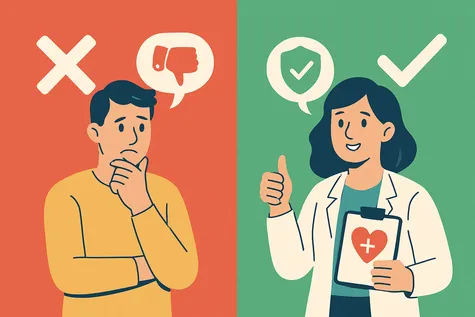 Comparativa visual de opiniones sobre seguros de salud: a la izquierda símbolos negativos y a la derecha símbolos de aprobación.