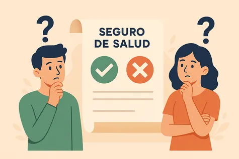 Hombre y mujer frente a un Seguro de Salud, con símbolos que representan dudas sobre qué cubre o no un seguro médico.