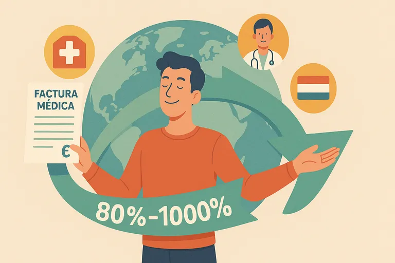 Un hombre feliz sostiene la factura médica que su seguro de salud le va a reembolsar. 