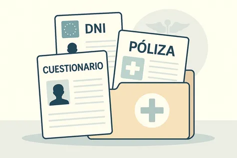 Tres documentos médicos sobre una carpeta: DNI, póliza y cuestionario, en estilo limpio y ordenado.
