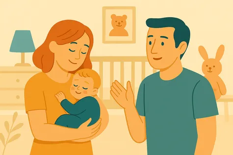 Una madre abrazando a su bebé junto al padre en una habitación infantil, representando seguros de salud para niños