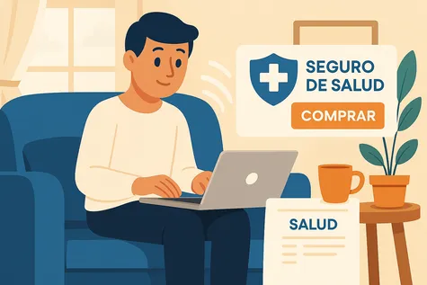 Hombre joven contratando seguro de salud online desde el sofá con portátil y mensaje de confirmación.