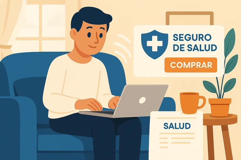 Hombre joven contratando seguro de salud online desde el sofá con portátil y mensaje de confirmación.