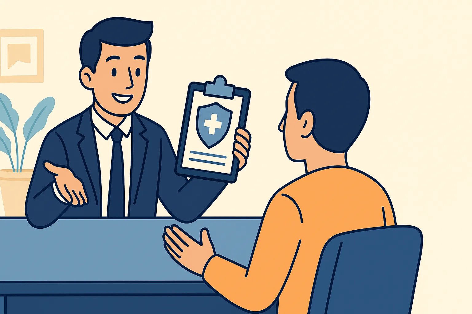 Asesor profesional en videollamada con cliente, ambos conversando sobre un seguro de salud.