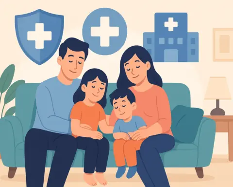 Familia relajada en el sofá en casa, con fondo de cruz médica, escudo y clínica estilizados.