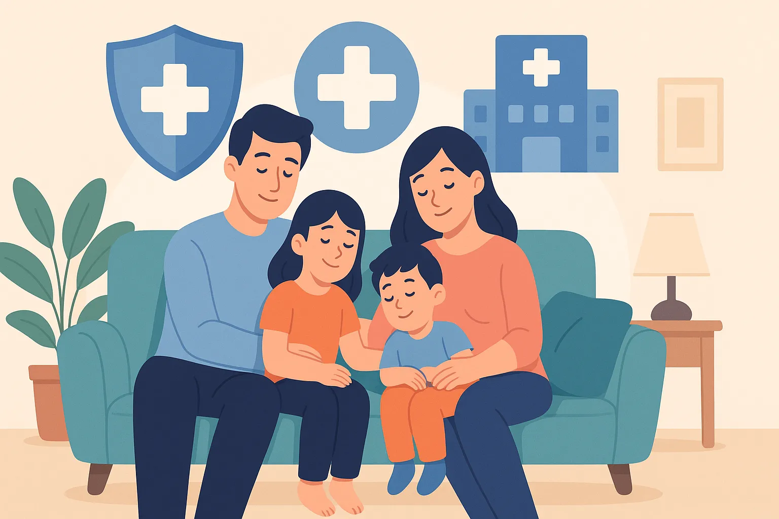 Familia relajada en el sofá en casa, con fondo de cruz médica, escudo y clínica estilizados.