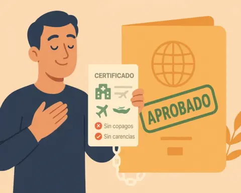 Un hombre con gesto de alivio sostiene un certificado de seguro de salud en una mano que le permite viajar con total garantía.