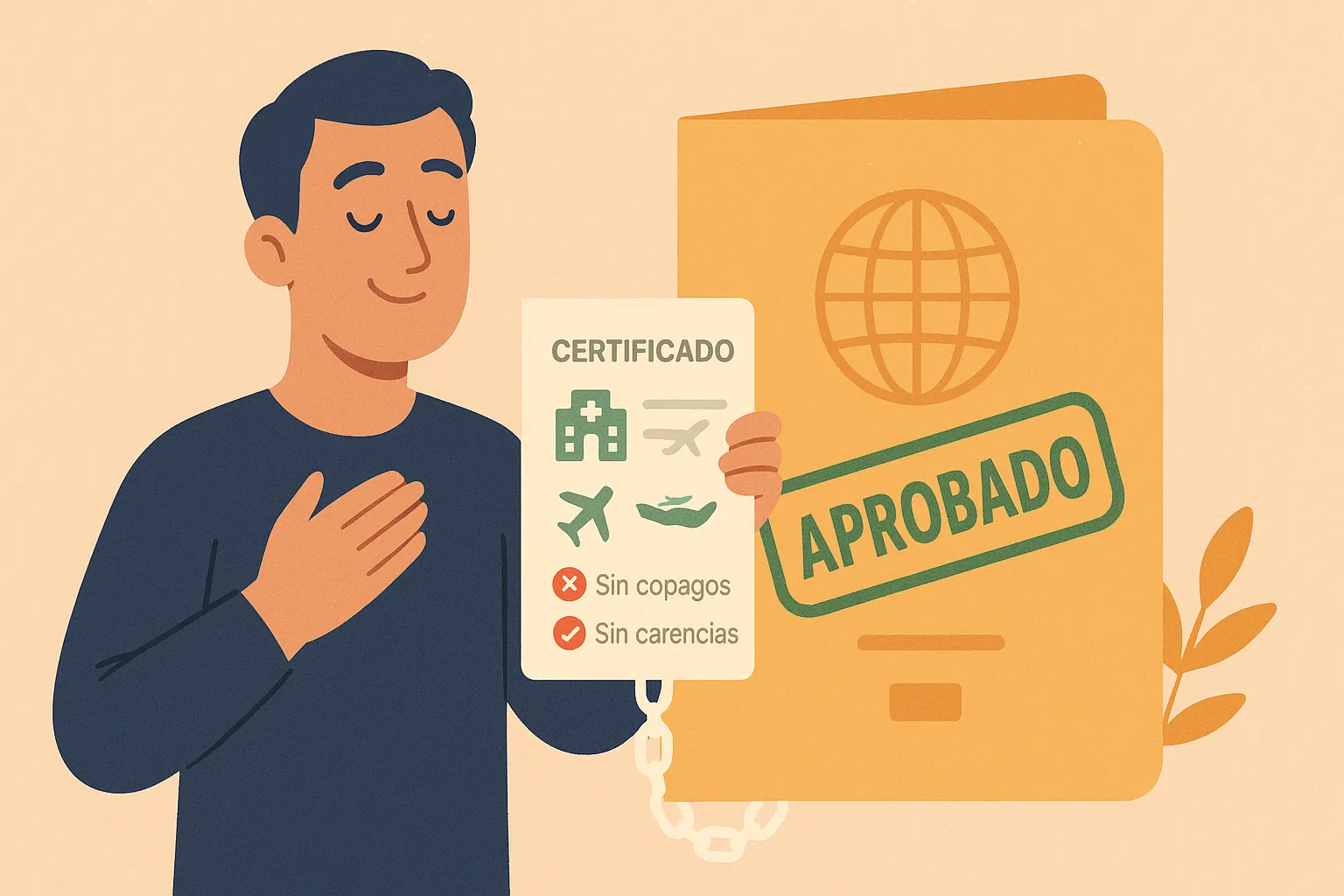 Un hombre con gesto de alivio sostiene un certificado de seguro de salud en una mano que le permite viajar con total garantía.
