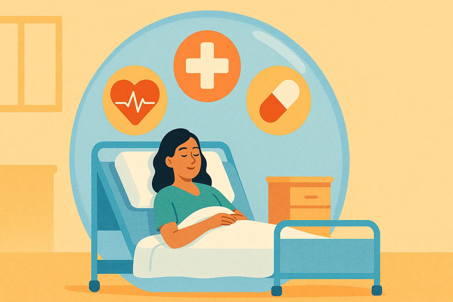 Paciente mujer descansando en una cama de hospital porque tiene un seguro de salud con hospitalización incluida.