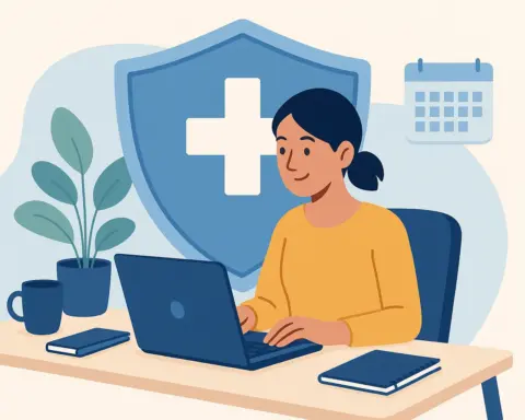 Mujer autónoma trabajando con portátil y agenda, protegida por escudo médico en entorno luminoso.