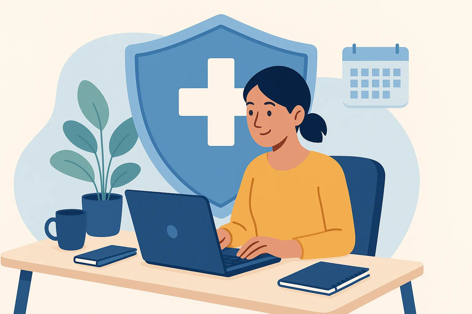 Mujer autónoma trabajando con portátil y agenda, protegida por escudo médico en entorno luminoso.