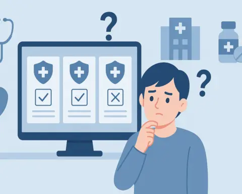 Persona eligiendo seguro de salud en línea entre distintas opciones médicas.