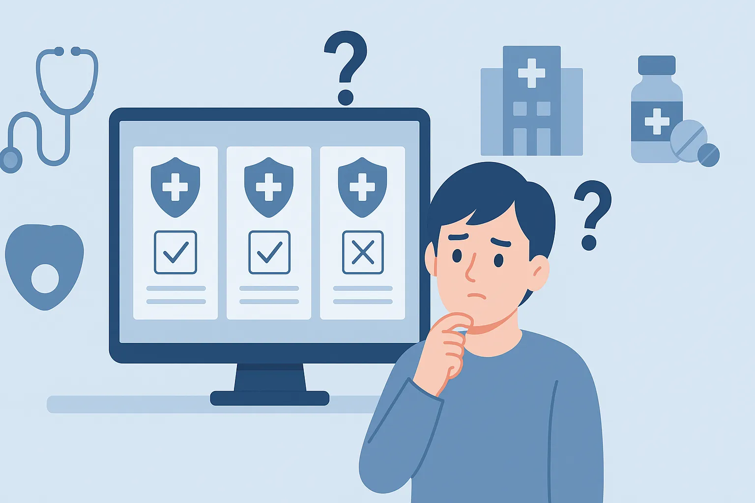 Persona eligiendo seguro de salud en línea entre distintas opciones médicas.