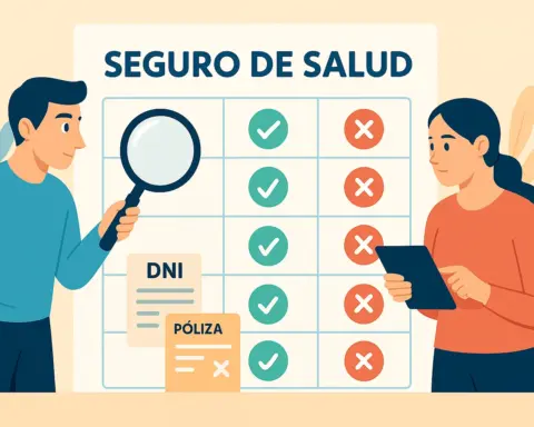 Tabla comparativa de seguros con columnas, checks y equis, y dos personas evaluando opciones.