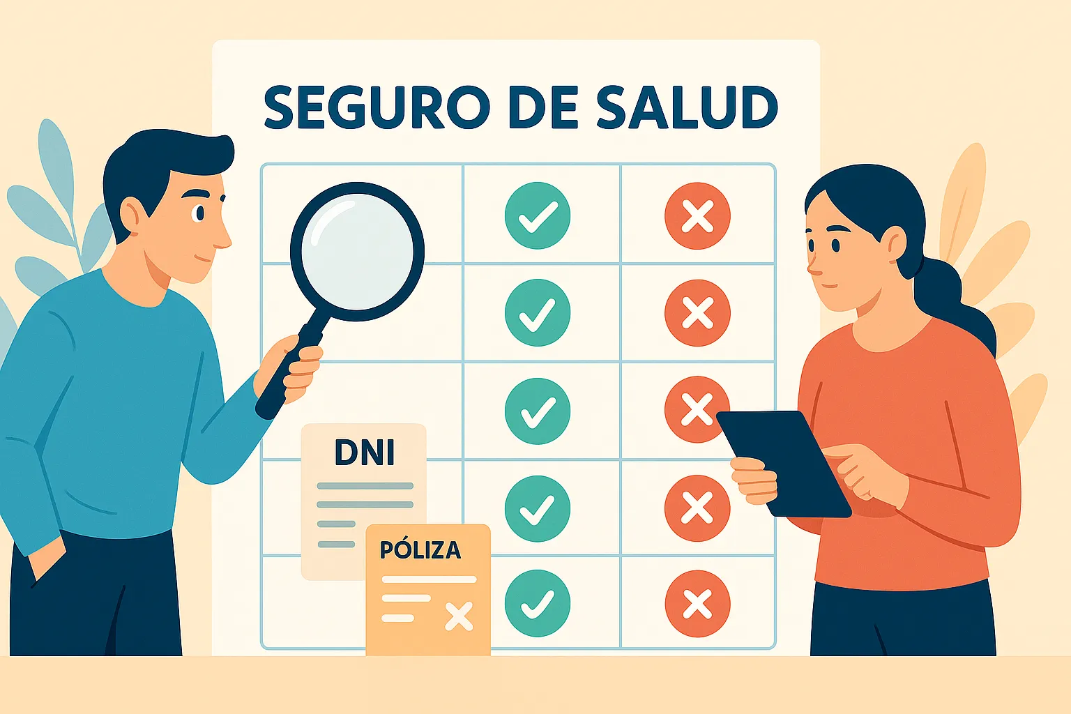 Tabla comparativa de seguros con columnas, checks y equis, y dos personas evaluando opciones.