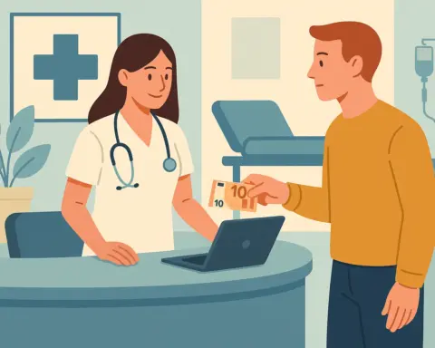 Un hombre paga parte del servicio médico recibido en la recepción de un hospital.