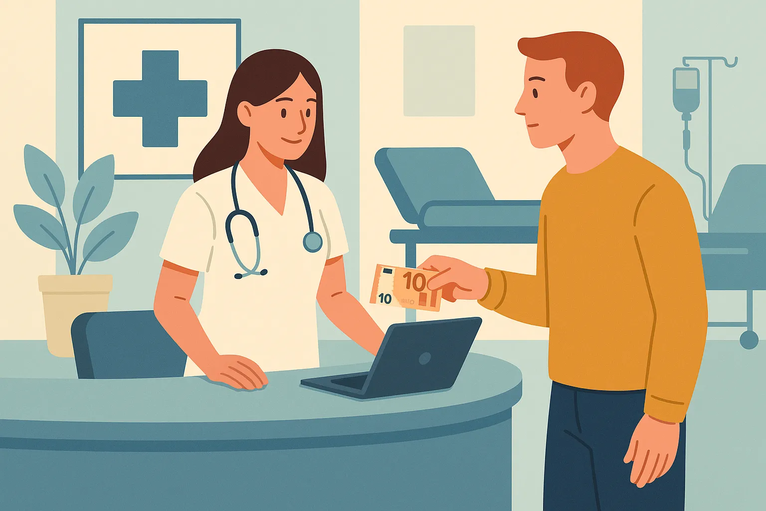 Un hombre paga parte del servicio médico recibido en la recepción de un hospital.