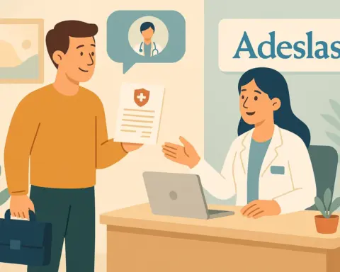 Cliente contratando un seguro de salud Adeslas en una oficina con asesoramiento profesional