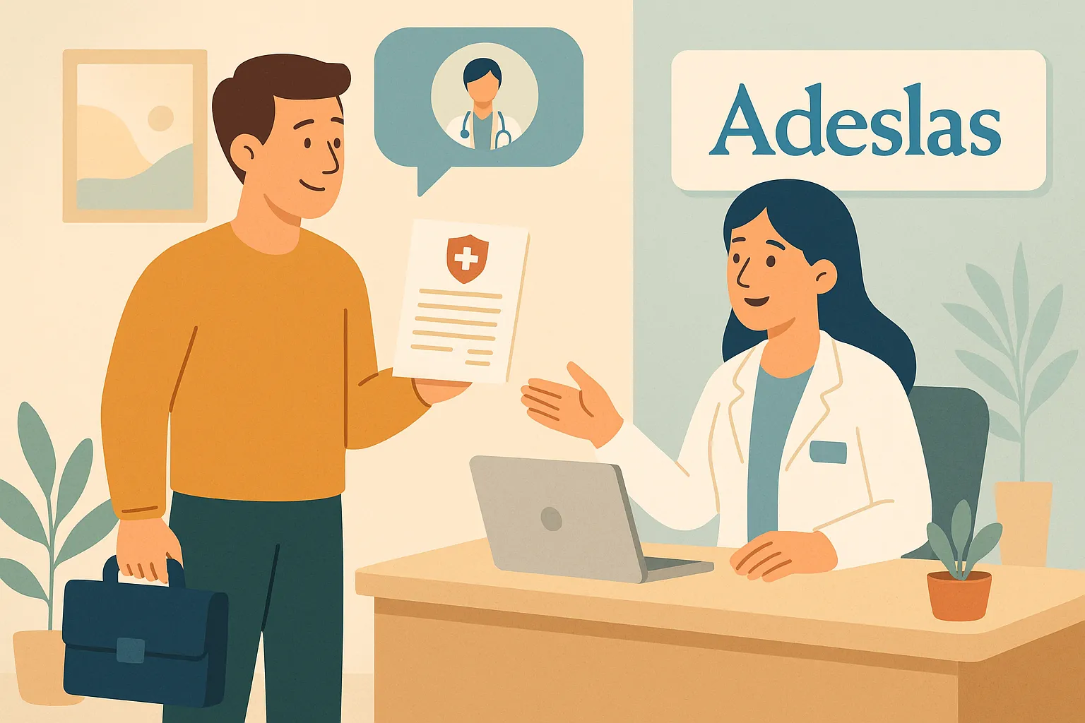 Cliente contratando un seguro de salud Adeslas en una oficina con asesoramiento profesional