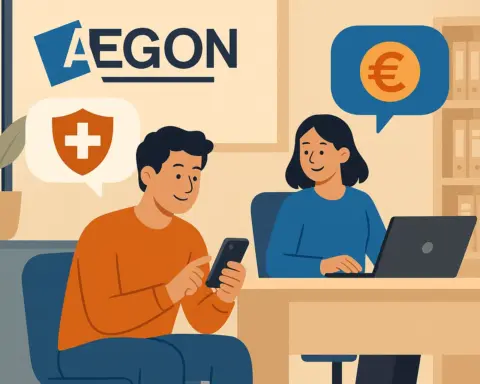 Oficina de Aegon donde se explica a un cliente joven los beneficios de su seguro de salud con tecnología digital