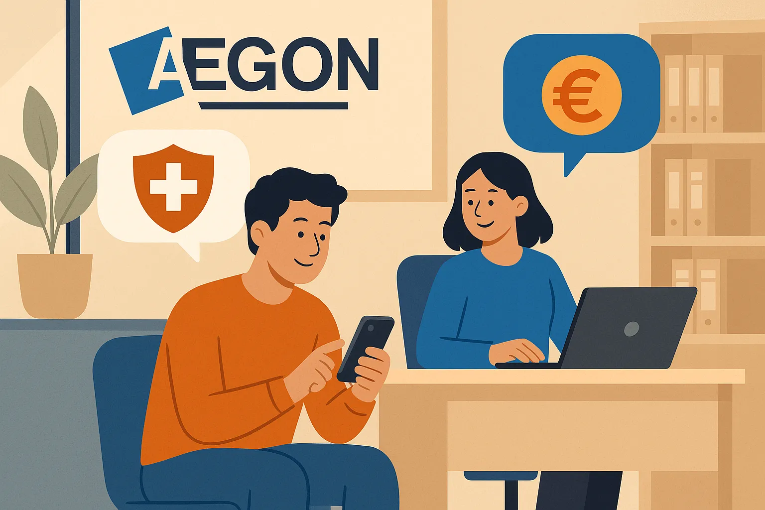 Oficina de Aegon donde se explica a un cliente joven los beneficios de su seguro de salud con tecnología digital