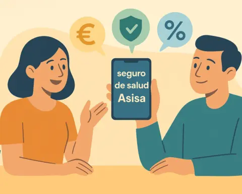 Pareja revisando en una tablet las ventajas del seguro de salud Asisa con iconos de ahorro y seguridad