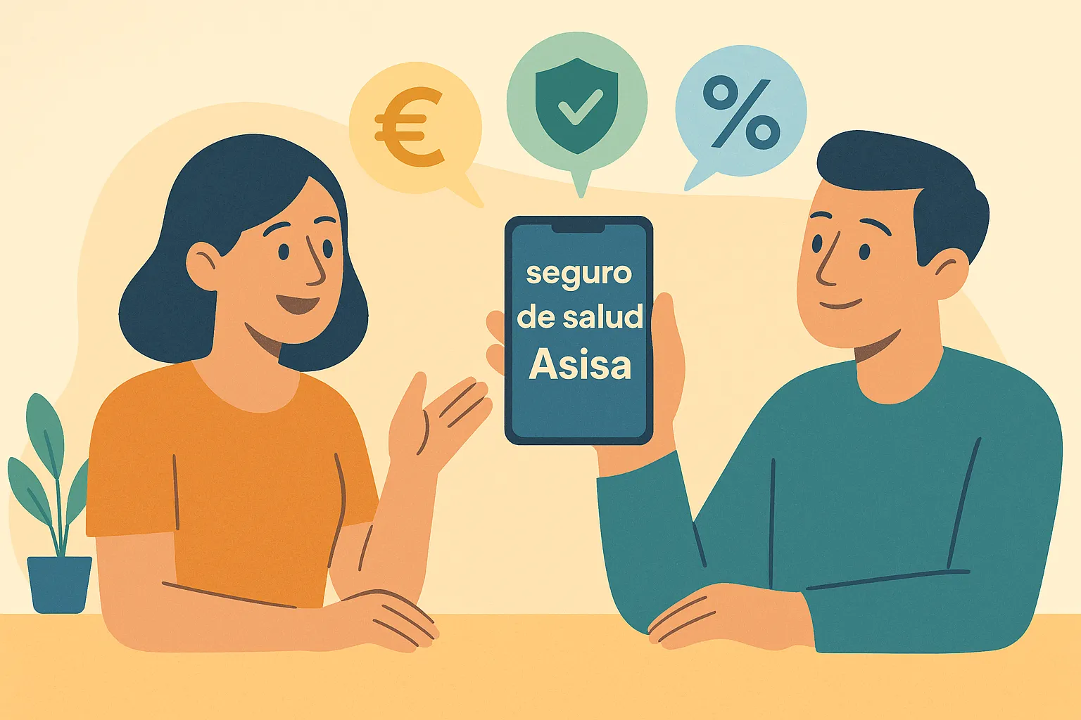 Pareja revisando en una tablet las ventajas del seguro de salud Asisa con iconos de ahorro y seguridad