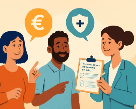 Tres personas conversando sobre un seguro de salud mientras revisan un documento en una oficina.