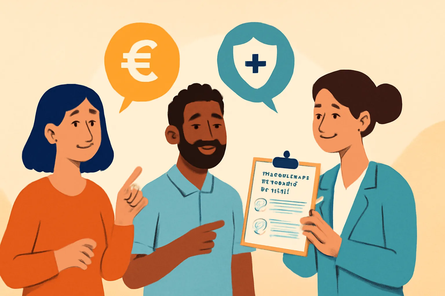 Tres personas conversando sobre un seguro de salud mientras revisan un documento en una oficina.