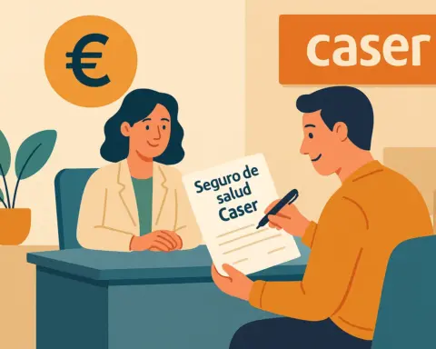 Cliente firmando un seguro de salud Caser con asesoramiento personalizado en una oficina comercial