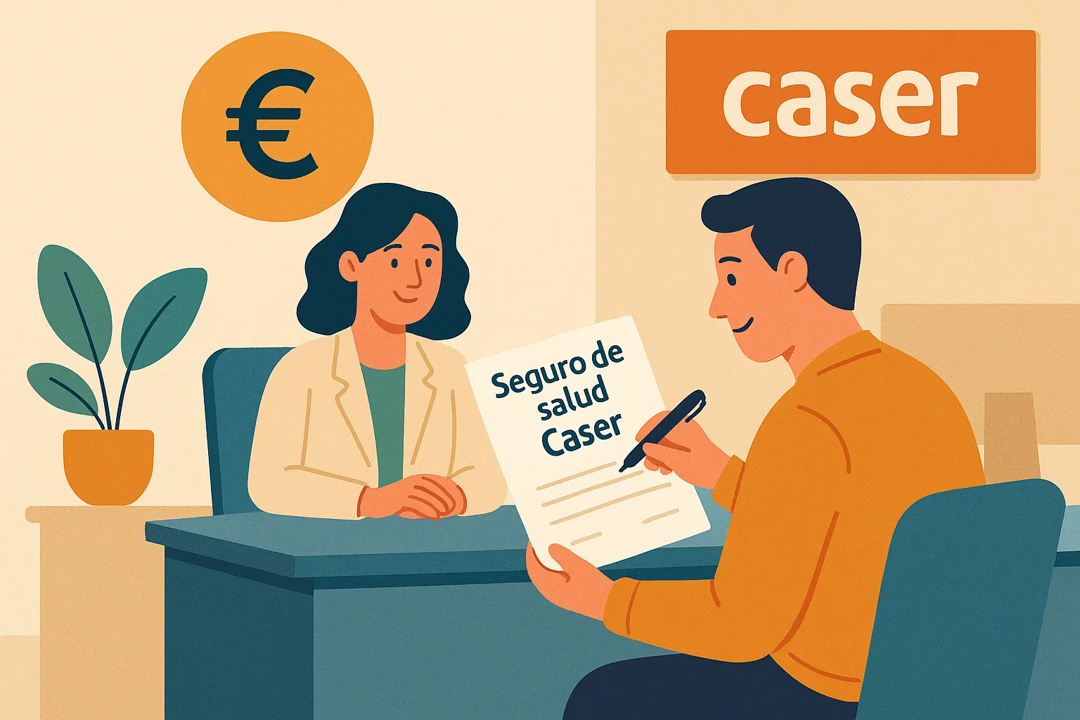 Cliente firmando un seguro de salud Caser con asesoramiento personalizado en una oficina comercial