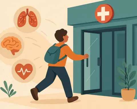 Una persona entrando a un centro médico con iconos de enfermedades que lo acompañan.