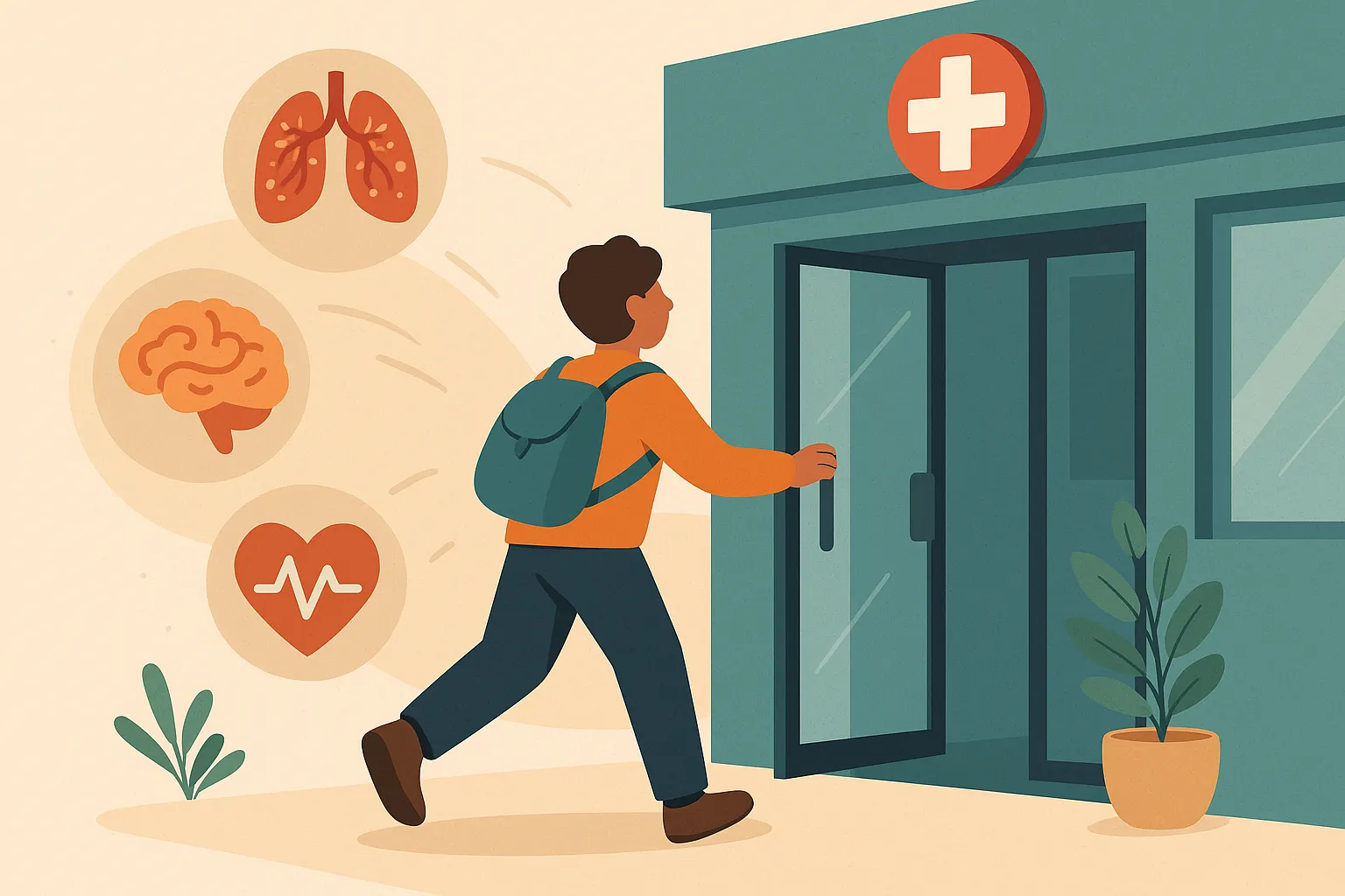 Una persona entrando a un centro médico con iconos de enfermedades que lo acompañan.