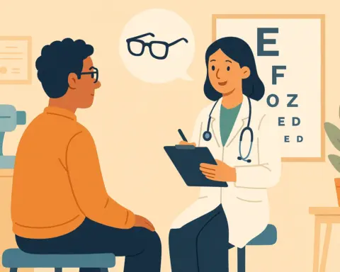 Un hombre en una consulta oftalmológica haciendo una prueba de agudeza visual incluida en su seguro.