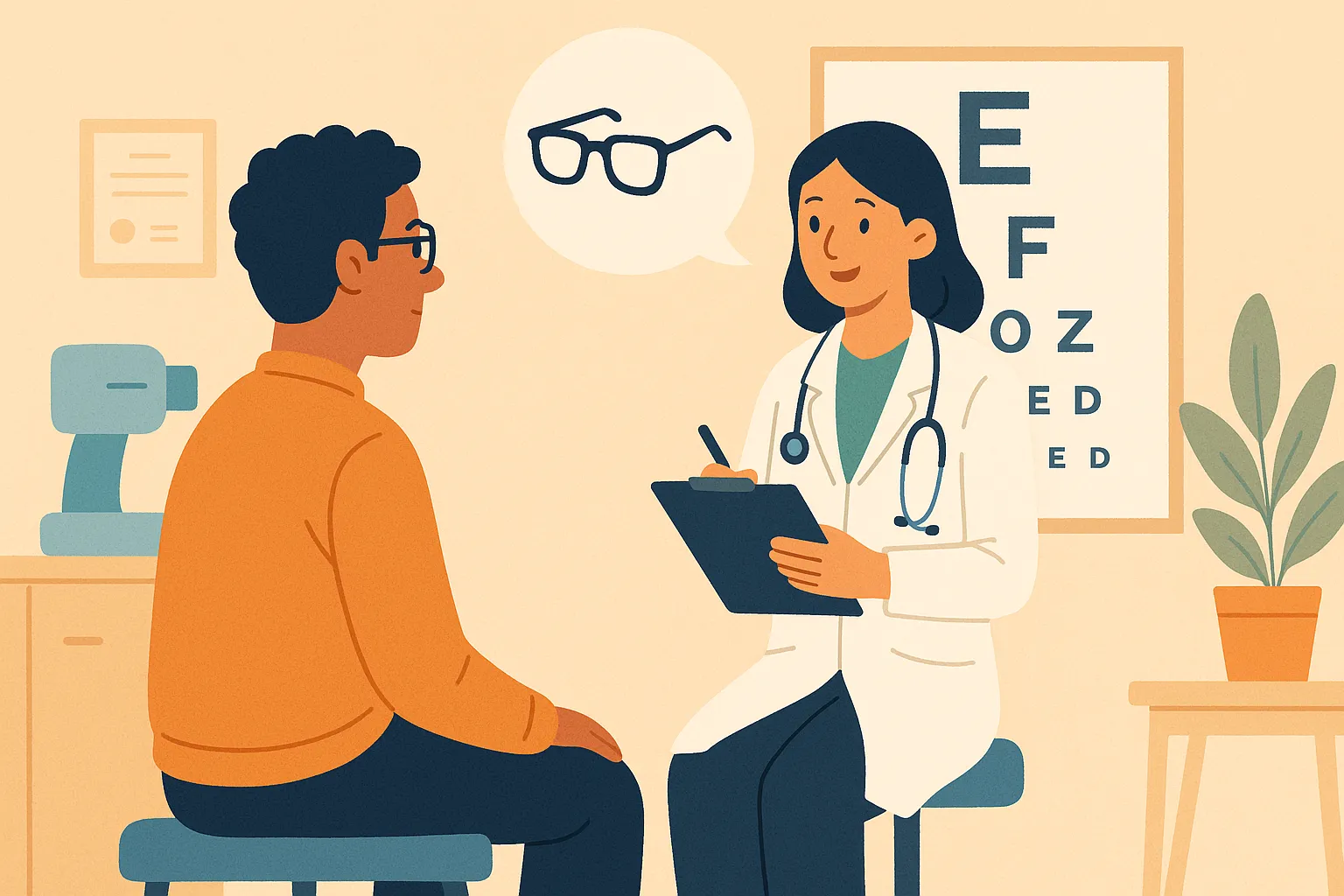 Un hombre en una consulta oftalmológica haciendo una prueba de agudeza visual incluida en su seguro.