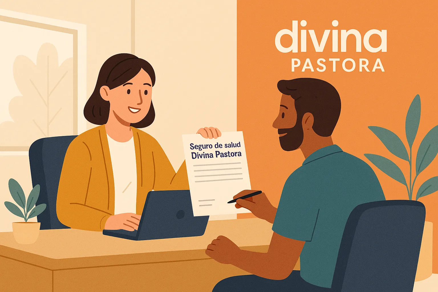 Asesora entregando una póliza de seguro de salud Divina Pastora a un cliente dispuesto a firmar