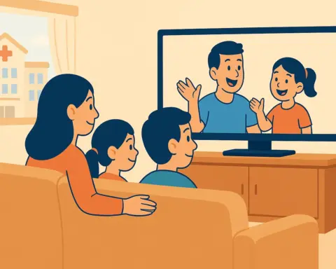 Familia con dos hijos en casa protegida por escudo médico, en ambiente cálido y acogedor.