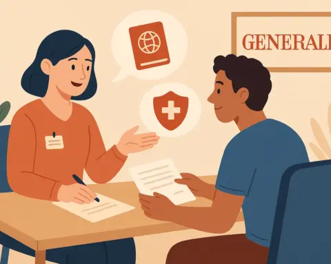 Asesora de Generali explicando las coberturas de un seguro de salud a un cliente con iconos de protección y viajes.