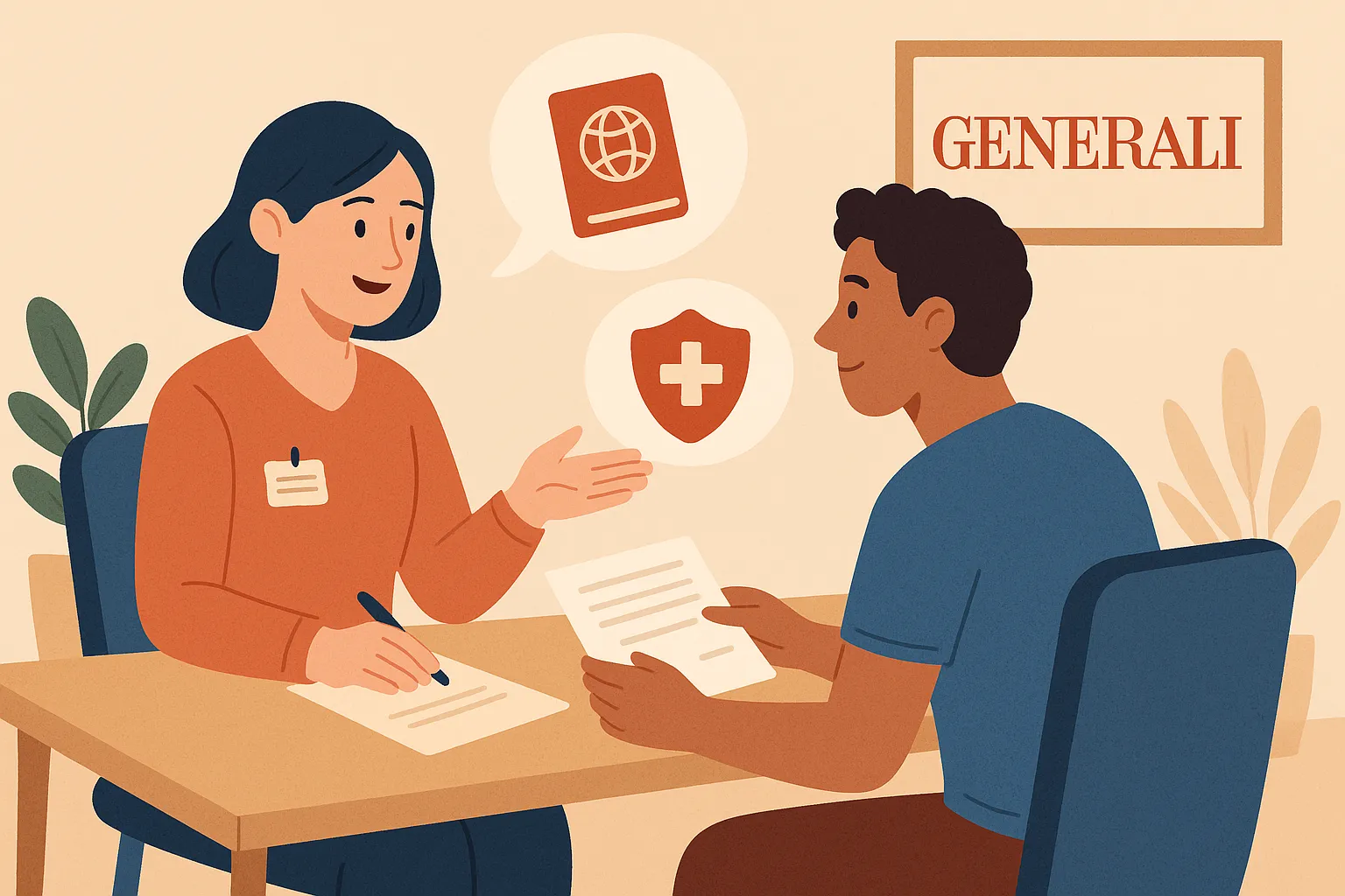 Asesora de Generali explicando las coberturas de un seguro de salud a un cliente con iconos de protección y viajes.