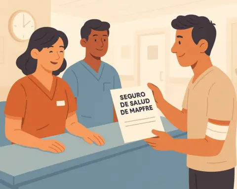 Joven enseña su póliza de seguro de salud de Mapfre a dos profesionales sanitarios en el mostrador de un hospital.